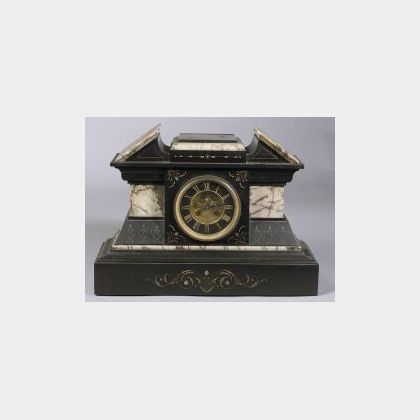 French Black and Beige Marble Temple-form Mantle Clock