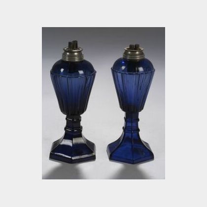 Pair of Purple-blue Blown Molded Glass Fluid Lamps