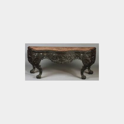 Asian Export Carved Hong Mu and Marble Side Table