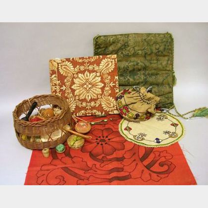 Arts & Crafts Embroidered Linen Doily, Pillow Cover Panel, and Sewing Bag with Woven Grass Bottom and Contents, a Fortuny Printed Fabri