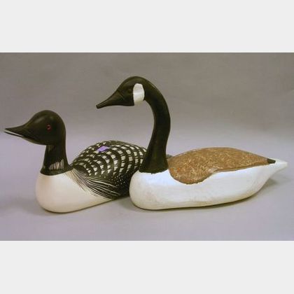 Modern Carved and Painted Wooden Loon and a Goose Decoys