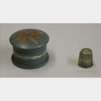 Sterling Silver Salem, Massachusetts, Souvenir Thimble and a Miniature Provincial-style Painted Wooden Box.... 