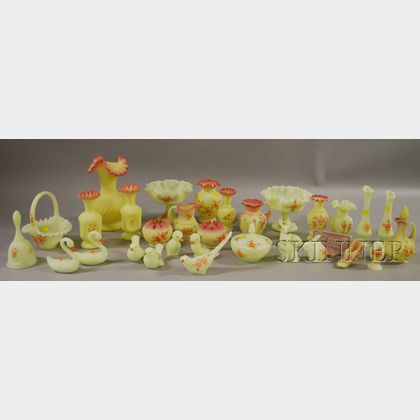 Thirty-two Pieces of Assorted Fenton Burmese-style Art Glass