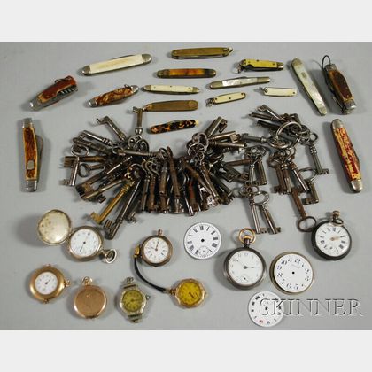 Group of Assorted Penknives, Keys, Pocket Watches and Watch Parts. 
