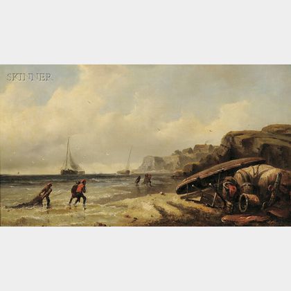 Albert Van Beest (American, 1820-1860) Fishermen Pulling Nets Ashore