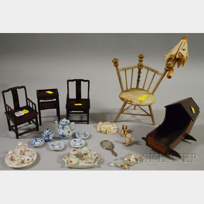 Two Doll Carriages, Miniature Furniture, and Miscellaneous Items
