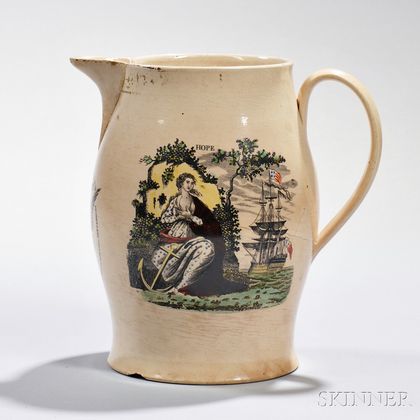 Polychrome and Transfer-decorated Liverpool Pottery Creamware Pitcher