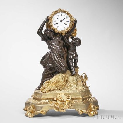 Empire Gilt and Patinated Bronze Figural Mantel Clock