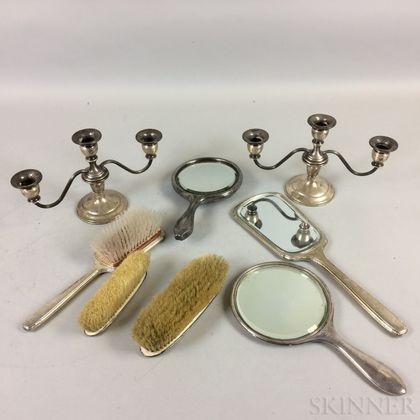 Group of Silver Vanity Items and a Pair of Weighted Three-light Candelabra