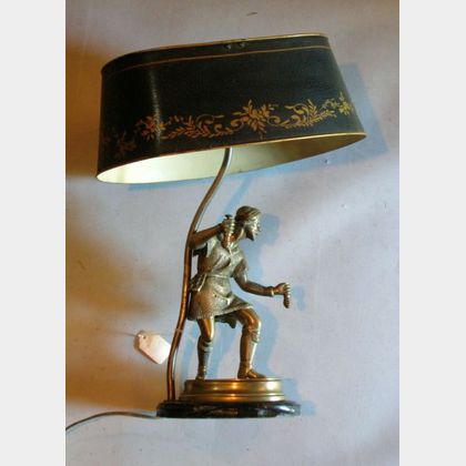Continental-style Bronze Figural Table Lamp with Painted Metal Shade. 