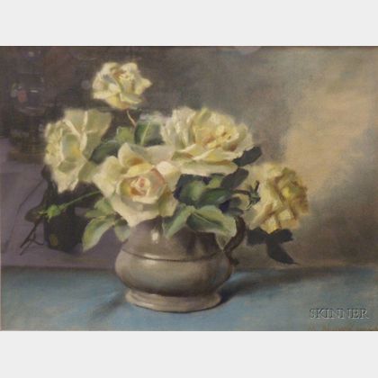 Framed Pastel on Paper/board Still Life of Roses in a Pewter Pitcher