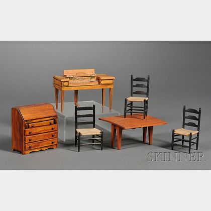 Five Pieces of Wooden Dollhouse Furniture