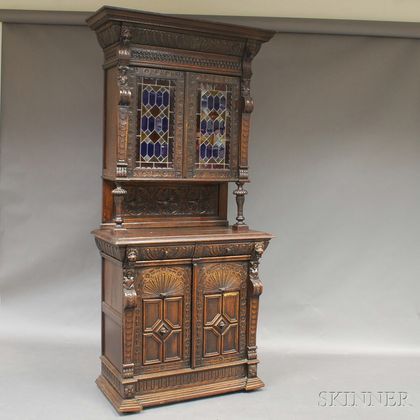 Glazed and Carved Oak Two-part Cupboard