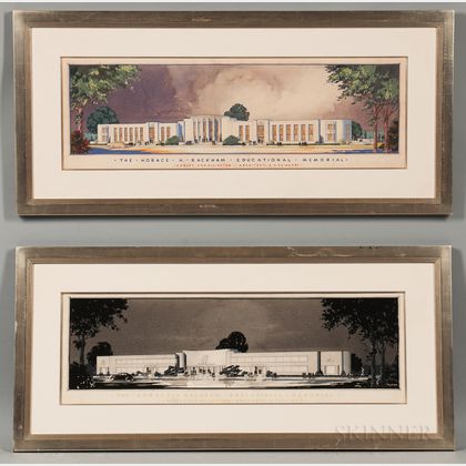 Malcolm Roderick Stirton (American, 20th Century) Two Architectural Renderings for the Horace H. Rackham Educational Memorial, Designed