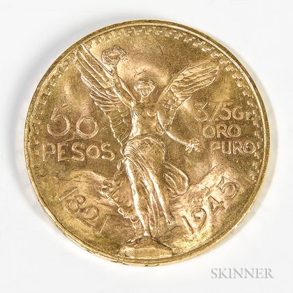1945 Mexican 50 Pesos Gold Coin. Estimate $1,000-1,200