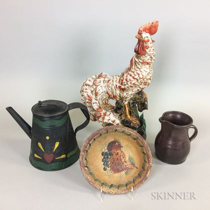 Tole Pot, a Paint-decorated Wood Bowl, an Albany-glazed Redware Pitcher, and a Ceramic Rooster