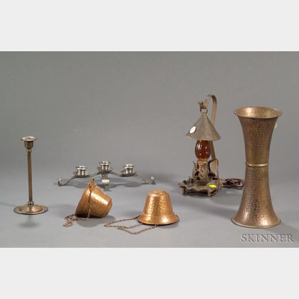Hammered Roycroft Metalwork Copper Candlestick and Candelabrum and Four Other Metal Items