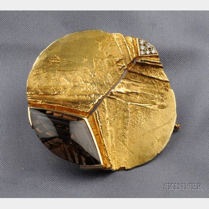Abstract Design 14kt Gold, Diamond and Smoky Quartz Pendant/Brooch