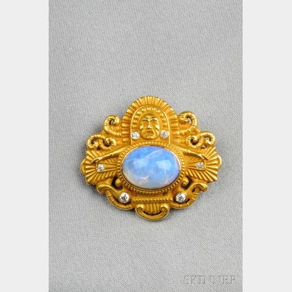 Art Nouveau Mesoamerican-style 14kt Gold, Opal, and Diamond Brooch