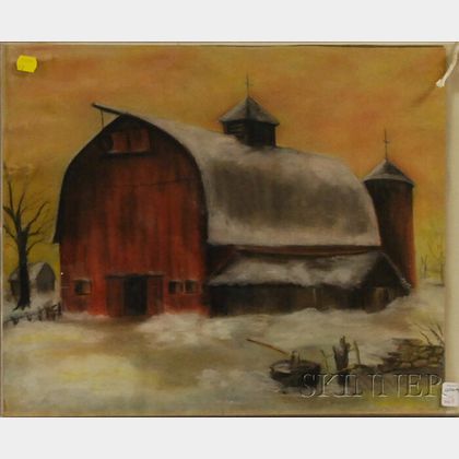 20th Century American School Pastel on Paper Depicting a Red Barn in Winter