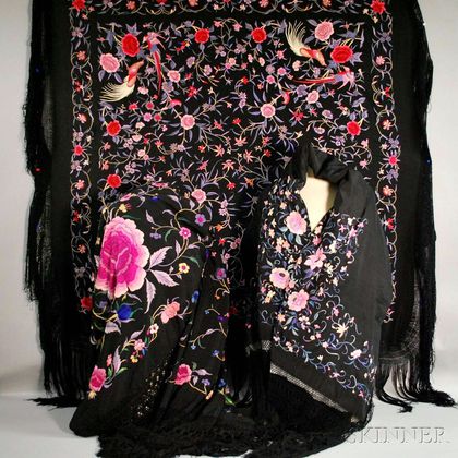 Three Chinese Black Fringed Piano Shawls with Polychrome Embroidery