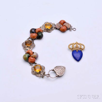 Sterling Silver, Scottish Agate, and Citrine Bracelet and a 14kt Gold, Lapis, and Seed Pearl Crown Brooch