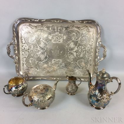 Elkington Four-piece Silver-plate Tea Set and Tray. Estimate $400-600