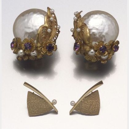 Pair of Miriam Haskell Earrings and a Pair of Gold and Pearl Earrings. 