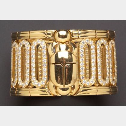 Sold at auction 18kt Gold and Diamond Scarab Cuff Bracelet