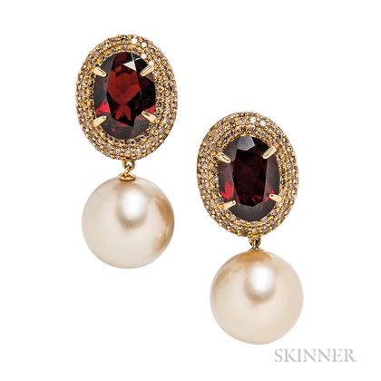 18kt Gold, South Sea Pearl, Garnet, and Diamond Earrings