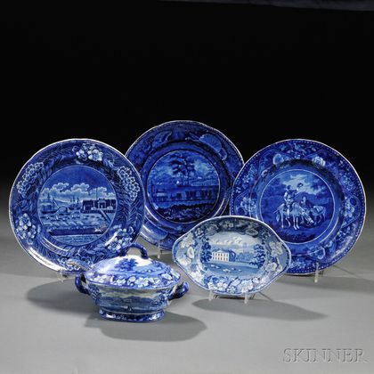Six Blue Transfer-decorated Staffordshire Pottery Table Items