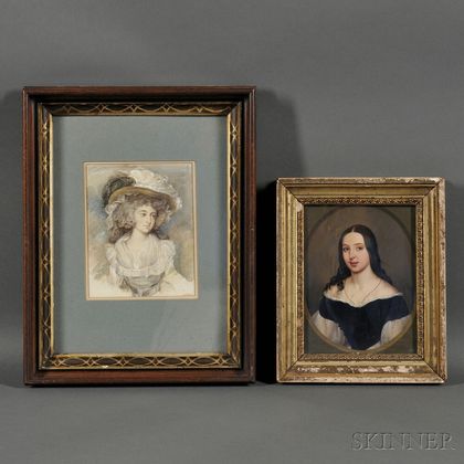 Two Small Framed 19th/20th Century European-School Portraits of Women in the Manner of Sir Joshua Reynolds Fashionable Woman in a Plume