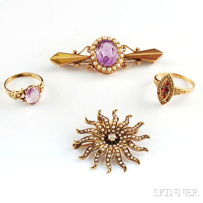 Four Victorian Gold Gem-set Jewelry Items