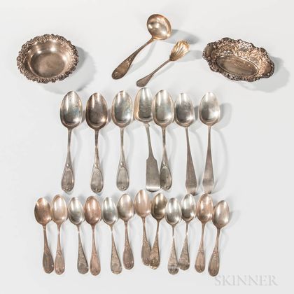 Group of Sterling Silver and Coin Silver Flatware and Two Small Sterling Silver Dishes