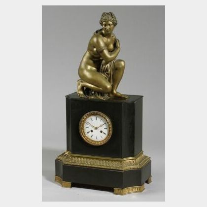 French Black Marble and Bronze Figural Mantel Clock