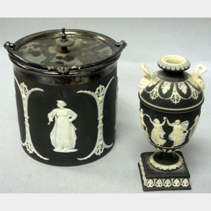 Wedgwood Silver Plate Mounted Black Jasper Dip Biscuit Barrel and a Small Footed Vase. 