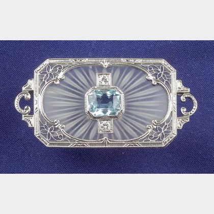 Art Deco 14kt White Gold, Aquamarine and Rock Crystal Brooch