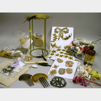 Lot of Antique Ribbons, Millinery Items, Metallic Thread Trims, Jewelry, and Other Accessories. 