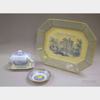 Mayer Blue and White Baronial Halls Pattern Staffordshire Platter and Saucer, and an English Blue and White Pan... 
