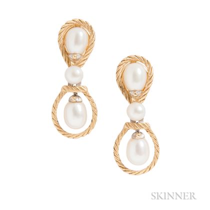 18kt Bicolor Gold and Cultured Pearl Earrings, Attributed to Buccellati