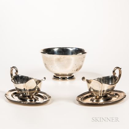 Sterling Silver Revere Reproduction Bowl and a Pair of German .835 Silver Sauceboats and Undertrays