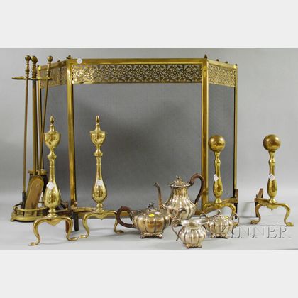 Two Pairs of Brass Andirons, a Reticulated Fireplace Fender, Folding Screen, and a Three-piece Fireplace Tool Set with Stand. 