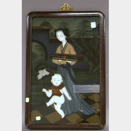 Chinese Export Reverse-painting on Glass Depicting a Young Woman and a Little Boy