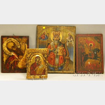 Four Orthodox Christian Gilt and Painted Wood and Gesso Icons
