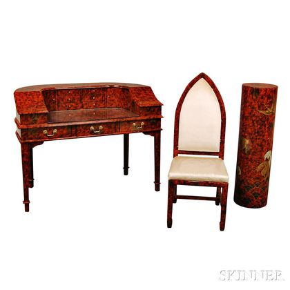 Red-lacquered Desk, Chair, and Pedestal