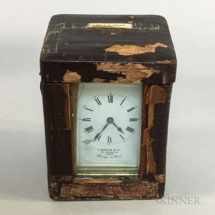 T. Martin & Co. Leather-cased Brass and Glass Carriage Clock