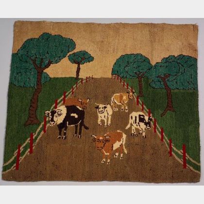 Wool and Cotton Figural Hooked Rug with Cattle