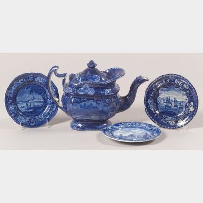 Four Historical Blue Transfer Decorated Staffordshire Pottery Items