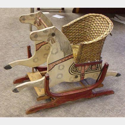 Painted and Stencil Decorated Wood Panel Gliding Horse with Woven Splint Chair Seat
