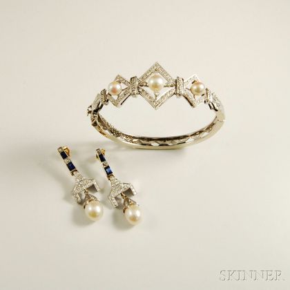 14kt White Gold, Diamond, and Pearl Bracelet and a Pair of Platinum, Diamond, Sapphire, and Pearl Earrings, 